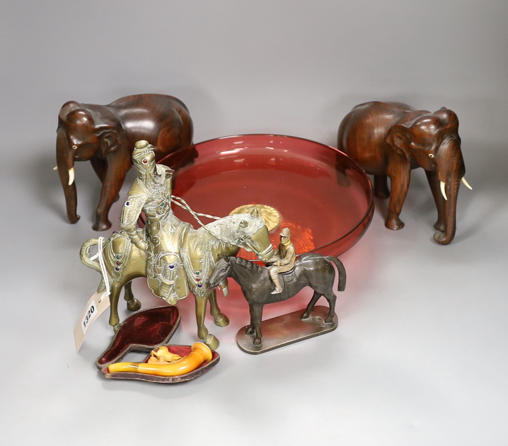 A cased Meerschaum pipe, a bronze group of a jockey on a horse, a ruby glass and gilt metal mounted dish, 26.5 cms diameter. etc